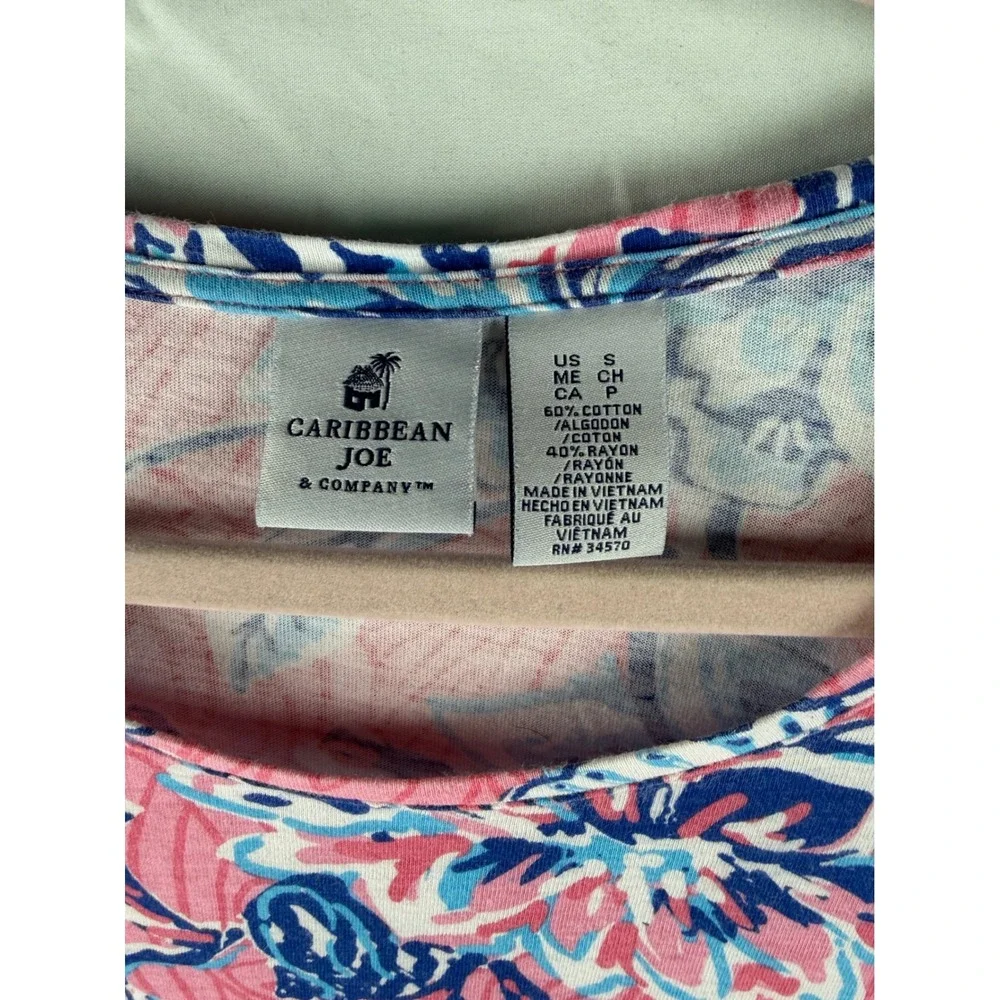 Caribbean Joe Womens Pink Blue Floral Seashell Sharkbite Hem 3/4 Sleeve dress  S